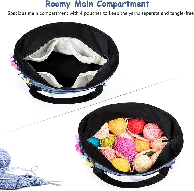 Canvas Yarn Storage Organizer Bag Washable Crochet Bag with Pockets for Yarn, Hooks, Needles – Travel Knitting Tote for Crafters – Gift for Crocheters & Knitters (Medium/Large)
