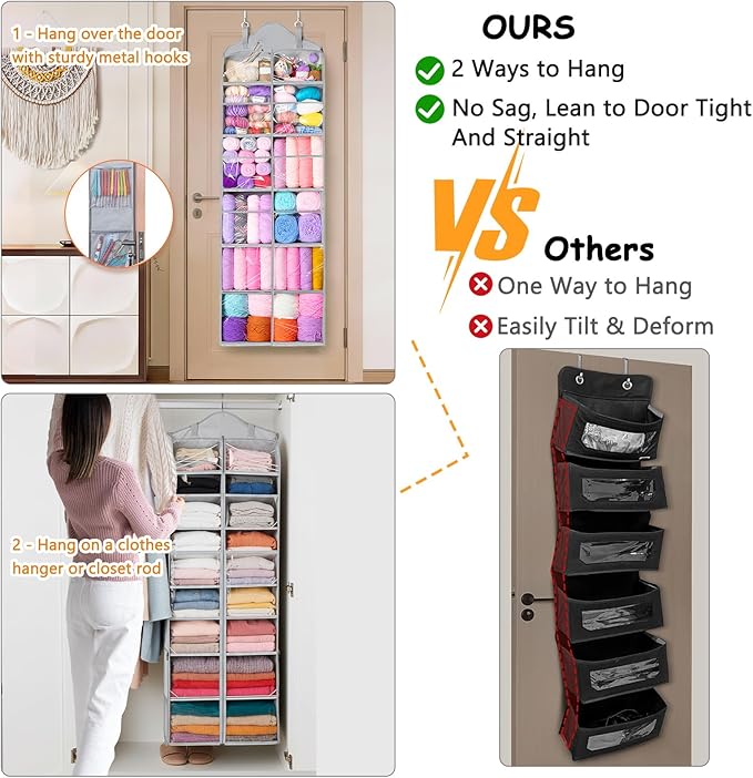 MYBAGZING Hanging Yarn Storage Organizer with Zipper Pockets, 6 Tiers Over the Door & Closet Yarn Holder, Large Crochet & Knitting Organizer with Side Pockets for Hooks, Needles & Accessories