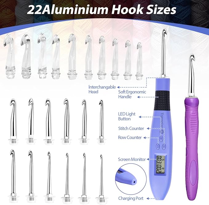 Crochet Hook with 22 Different Size, for Stitch & Row Counter, Light Up Interchangeable Crochet Needle, Ergonomic Crochet Hooks with 2 Levels Led