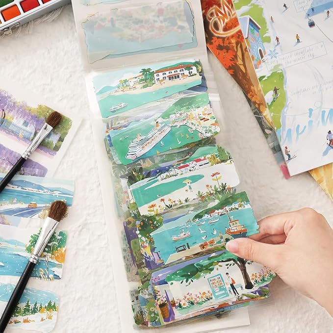 20 Sheets Diecut Summer Scenery Scrapbook Sticker Book for Scrapbooking, Dual Materials - PET and Washi Stickers for Journaling, Junk Journal Supplies, Collage, 4.5X 9.8 Inches