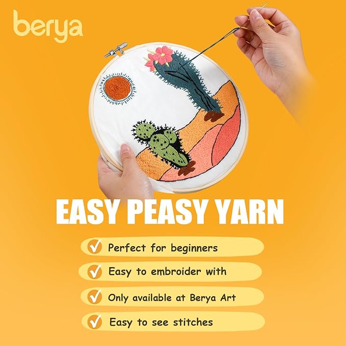 BERYA Funny Cactus Embroidery Kit with Embroidery Hoop, Easy Embroidery Kit for Beginners, Include Instructions, Display Stand, Printed Cloth, Threads and Tools - with Video Tutorials (BEC003)