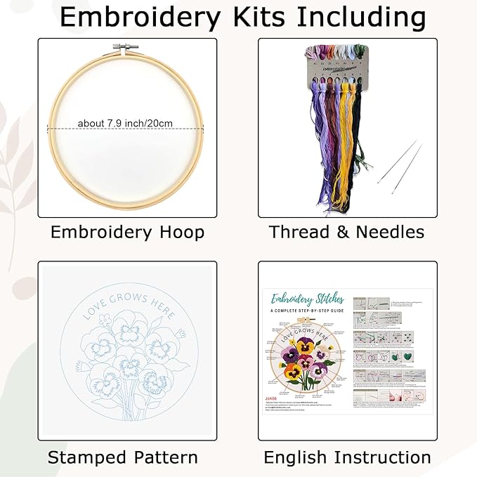 Nuberlic Pansy Flower Embroidery Kit for Beginners Cross Stitch Kits- Complete Starter Set with Hoop, Pre-Printed Fabric, Threads & Needles