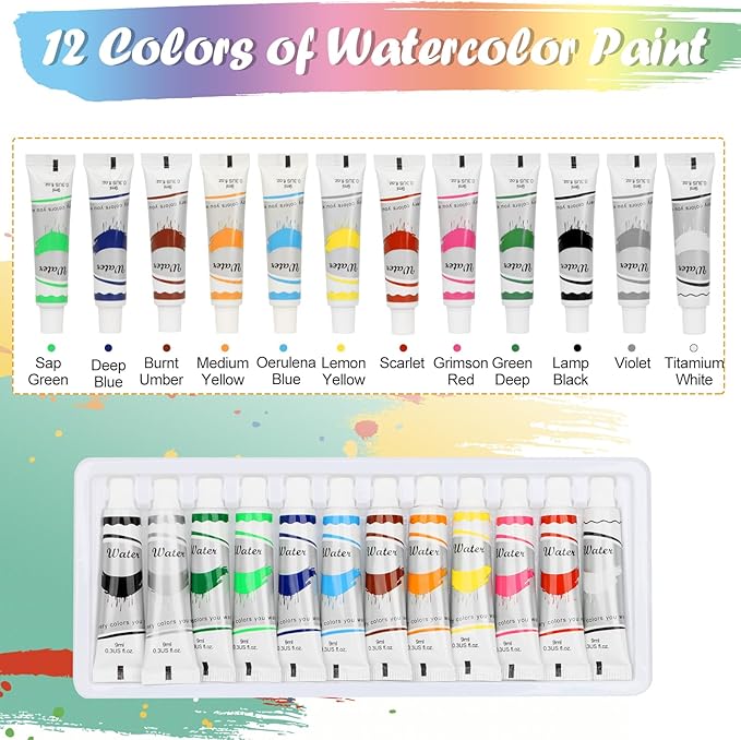 Travel Watercolor Set，Mini Paint Palette Travel kit，Mini Water Color Paint Set，Wooden 8 Grid Paint Box,12 Colors Small Watercolor Sketchbook for Artists Painters Students (12-blue)