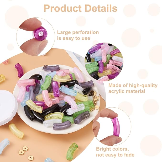 90Pcs Acrylic Chunky Tube Beads with Flat Round Brass Disc Spacer Beads & Elastic Crystal Thread, Imitation Gemstone Curved Tube Beads for Bamboo Bangles Bracelet Jewelry Making
