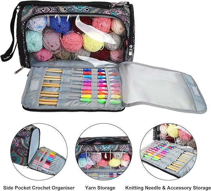 Knitting & Crochet Bag with Zipper, Travel Knitting Bag Yarn Storage for Carrying Project, Yarn, Wool, Knitting Tools Supplies, Multiple Storage Accessory Pockets, Gift for Crafty Friends