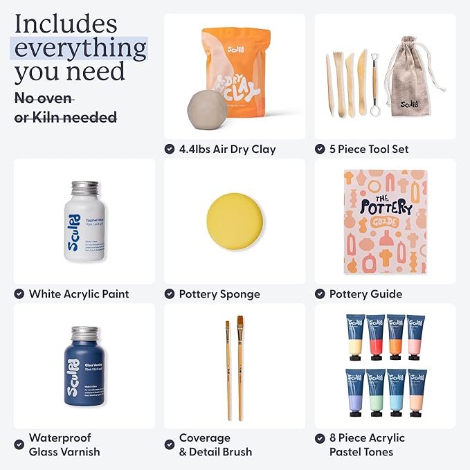 Sculpd - The Original Pottery Kit for Adults - Includes Air Dry Clay for Adults, Sculpting Tools, Varnish, Paint Brushes, Guides, Couples Date Night Arts & Crafts Set, Gloss Varnish with Pastel Tones