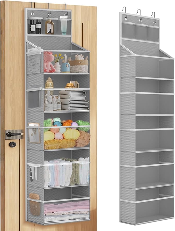 Hanging Yarn Storage Organizer, Large Capacity Knitting Yarn Organizer Storage with 5 Deep Pockets 13 Mesh Bags, Over The Door Yarn Holder for Knitting Needles Crochet Hooks, Grey
