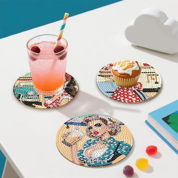 8 Pcs Retro Diamond Art Coaster Kits with Holder,Diamond Painting Coasters for Adults Beginners,Party Home Decor Abstract,Fun Gifts for Women