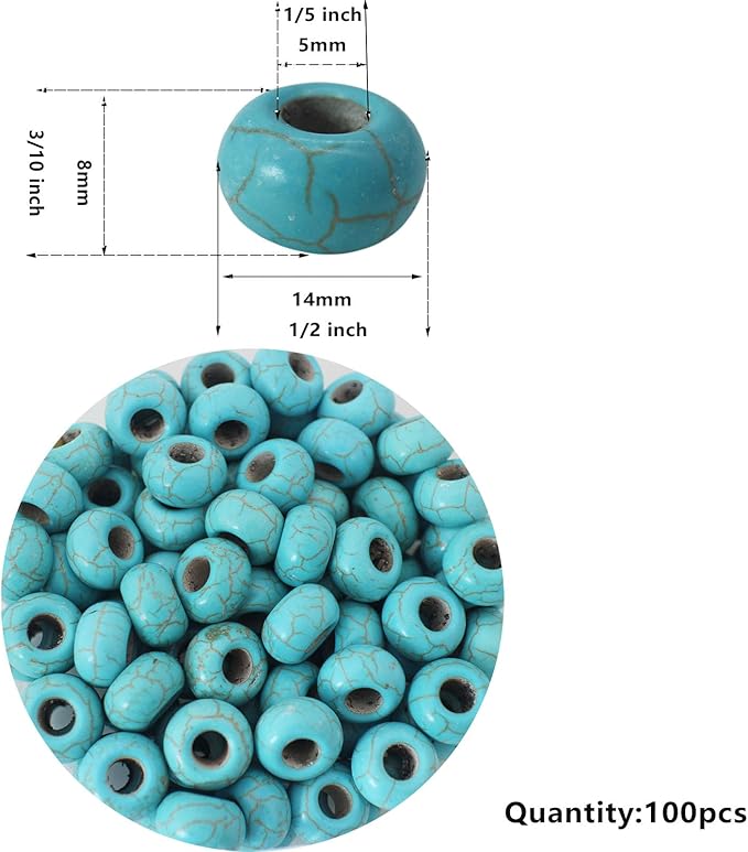 PAMIR TONG Turquoise Large Hole Beads for Jewelry Making - 100pcs 14mm European Gemstone Howlite Rondelle Spacer Big Craft Beads for Pens, Bracelets
