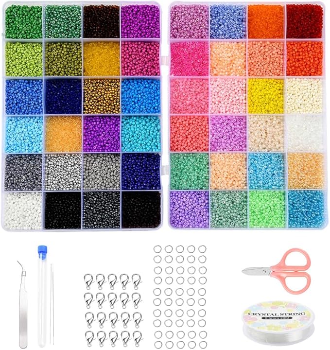 38660 Pcs 2mm Glass Seed Beads Jewelry Making Kit, 2 Boxes 48 Colors Small Bead Friendship Bracelet Set with Pendants, Letter Beads & Elastic Cord, Gift for Craft Enthusiasts
