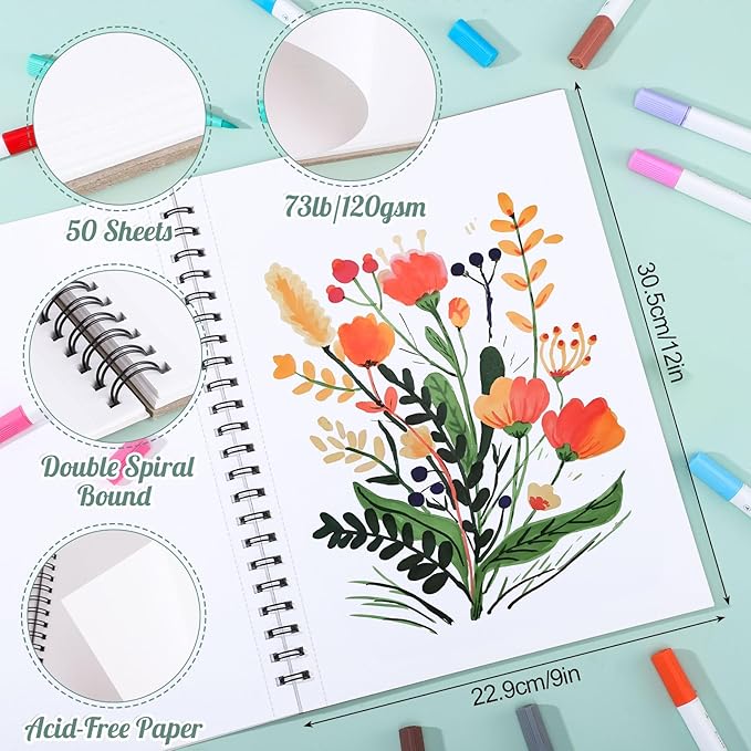 50 Sheets Marker Paper Pad, 9×12 Inch Bleedproof Art Sketch Pad, 73lb/120gsm Drawing Paper Spiral Sketch Book, Painting Coloring Alcohol Marker Paper for Beginners, Artists, Gift, Christmas