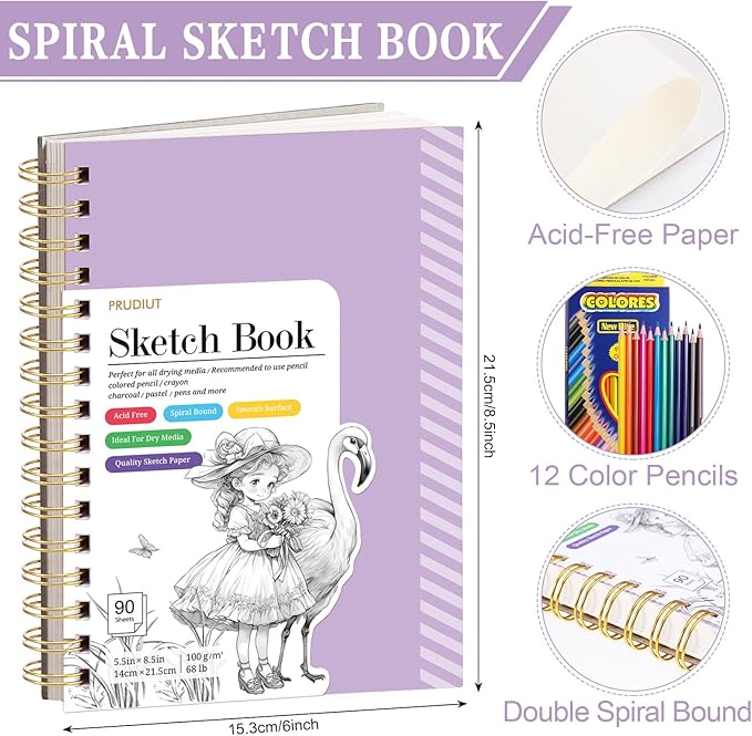 Sketch Book with 12 Color Pencil Set, 90 Sheets Spiral Sketchbook for Drawing (68lb/100gsm), Acid-Free Sketch Pad for Artist, Art Paper Drawing Supplies for Gifts(Purple)