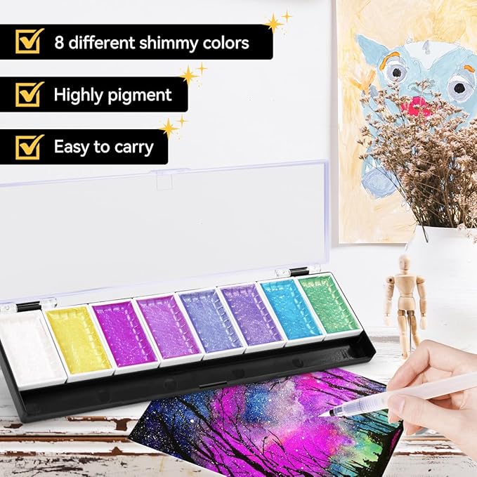 LIGHTWISH Metallic Waterolor Paints,8 Star Colors,Artist Glitter Solid Watercolors with 1 Water Brush Pen for Artists, Students and Beginners