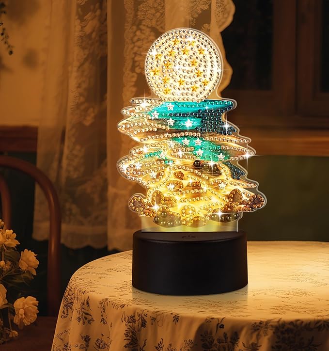 Diamond Painting Night Light, Diamond Painting Kits For Adults Desktop Ornaments For Table Tabletop Decor Diamond Art Accessories For Adult Beginner Touch Lamp for Bedrooms Living Room-Moonlight Beach