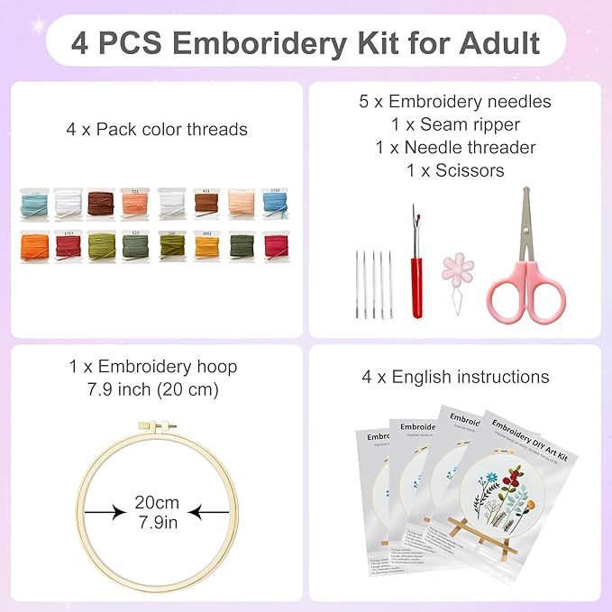 Huacan Embroidery Kit for Adults Beginner - Embroidery Kits for Adults Beginner 4 Pcs Stamped Floral Pattern, Hand Art Craft, DIY Sewing Kit with Box 7.9 x 7.9 Inch