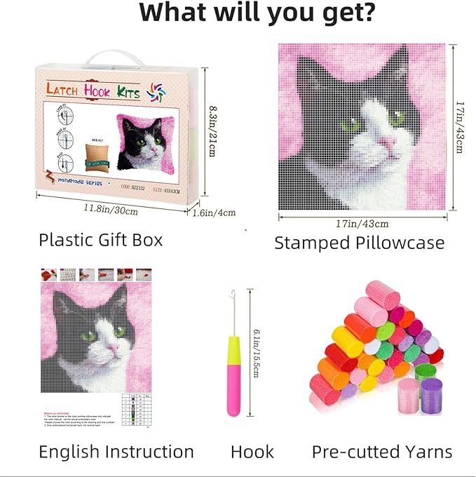 DIY Latch Hook Pillow Kits Black and White Cat with Green Eyes Printed Pillowcase Crochet Yarns Hooking Handmade Pillow Cover Cushion for Home Sofa Decoration 17x17inch-1