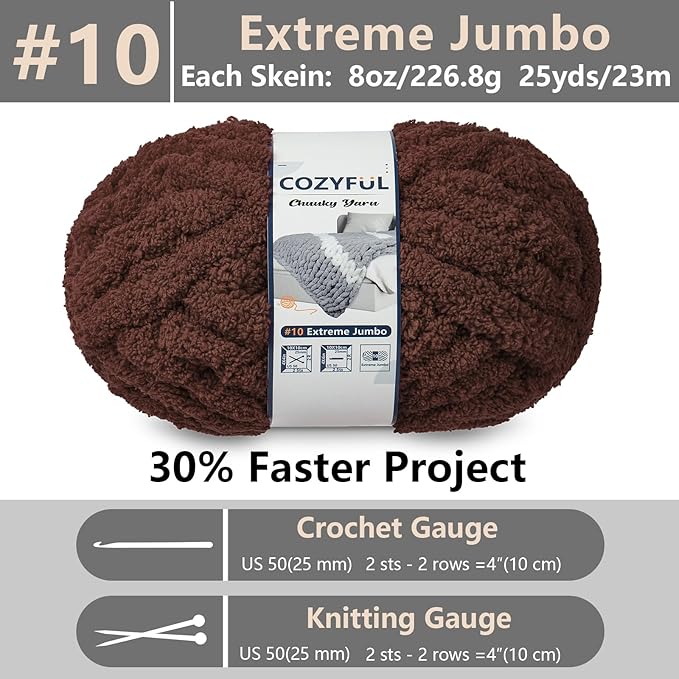 Chunky Yarn for Hand Knitting - #10 Chunky Chenille Yarn, Jumbo Big Thick Chunky Yarns for Crocheting, Super Bulky Chunky Knit Blanket Yarns, 8 Skein (25 yds 8 oz Each Skein), Dark Coffee