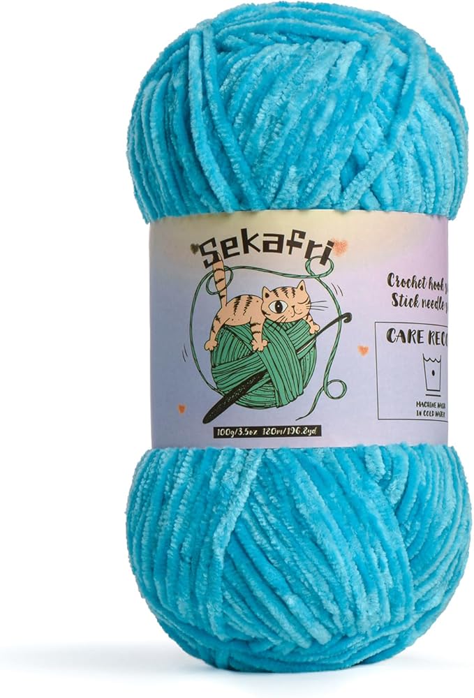Fuzzy Chenille Yarn for Crocheting, Fluffy Amigurumi Crochet Yarn for DIY Craft/Hat/Shoes, (100g/197yds) Soft Velvet Baby Blanket Yarns（Blue）