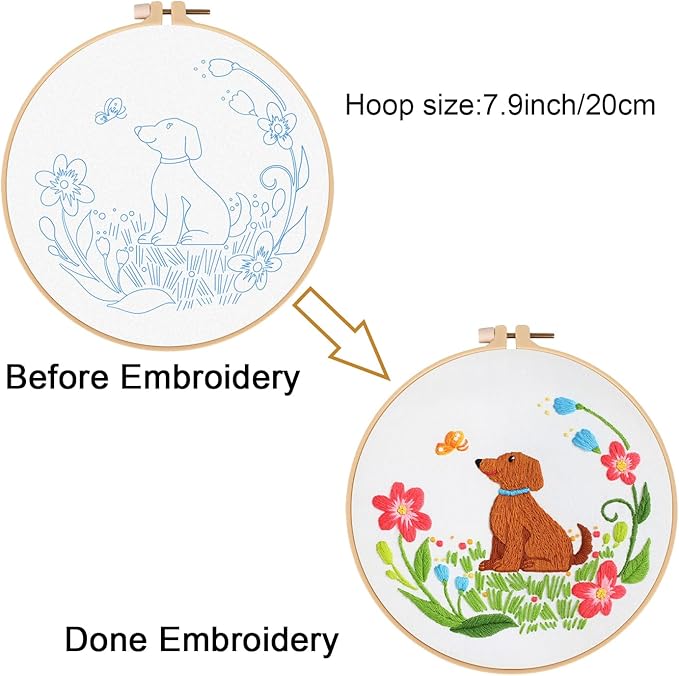 Louise Maelys Dog Embroidery Kits for Beginners with Floral Pattern,Cross Stitch Kit for Adults DIY Needlepoint with Embroidery Instructions