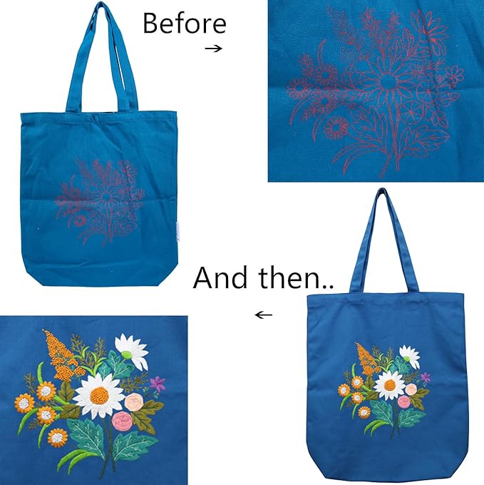 Canvas Tote Bag Embroidery Kit with Pattern for Beginners, Arts and DIY Embroidery Crafts Kits for Adults, Instructions, thimble, Embroidery Hoops, Color Threads (darkblue, CR002 chenhuicaoxin)