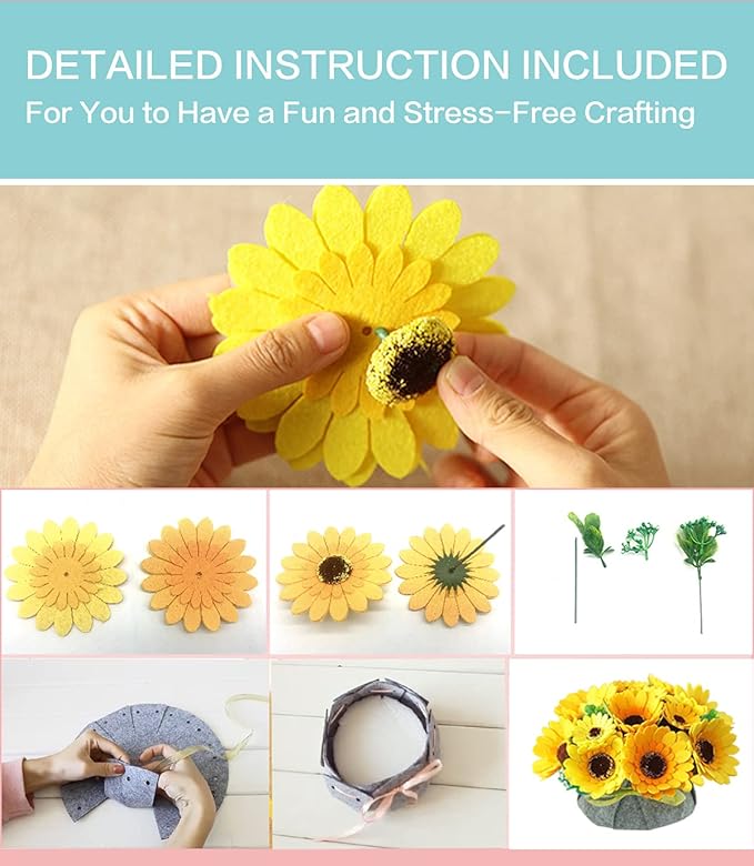 BAZIMA ALICE DIY Felt Flower Art Craft Kit, Sunflower Pot Bonsai Kit for Beginners, Floral Gifts, Arrange Pre-Cut Flowers and Foliage