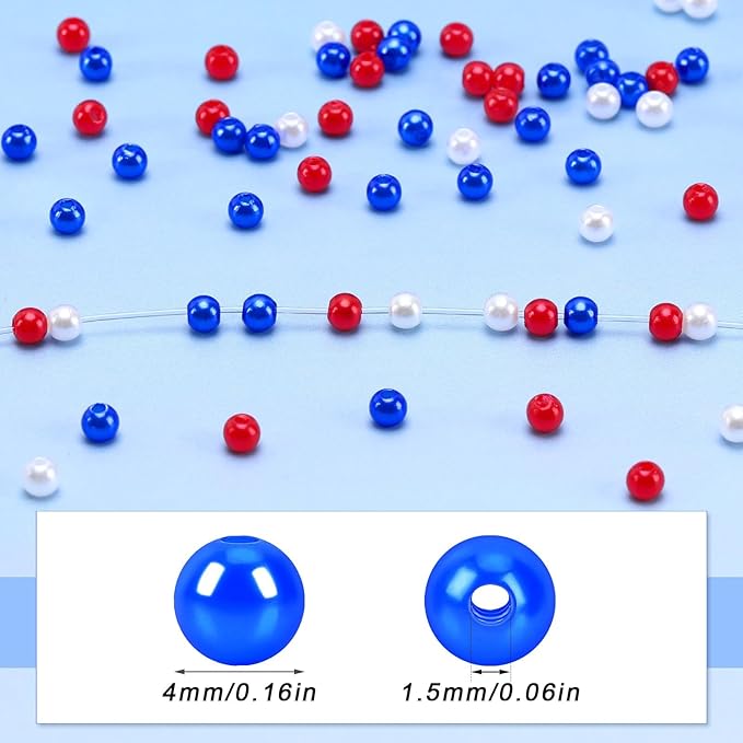UPINS 1200Pcs Red White Blue Beads,4mm 4th of July Beads Independence Day Patriotic Pearl Beads for Jewelry Making Party Decoration Necklace Bracelets Earrings Hair Beads DIY Crafts Supplies