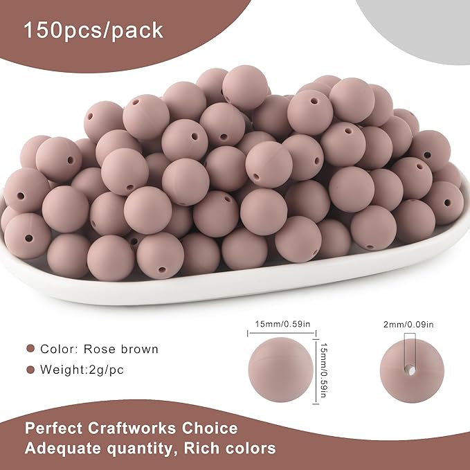 150Pcs 15mm Silicone Beads for Keychain Making Bracelet Necklace, Bulk Round Silicone Beads for Pens(Rose Brown)