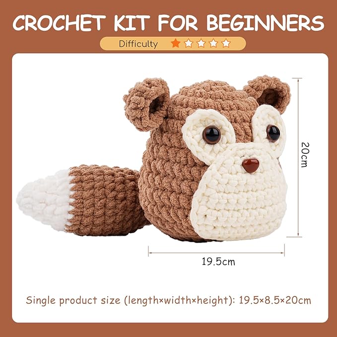 Vanttokeey Crochet Kit for Beginners, Animal Amigurumi Crochet Kits Included, Step-by-Step Video Tutorials, Beginner Crochet Kit for Adults and Kids, Crocheting Starter Set (Squirrel)