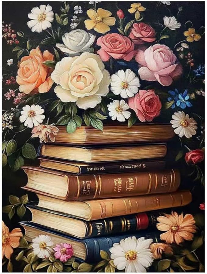 Book Paint by Numbers for Adult,Flowers Paint by Numbers Kit for Adults Beginners, DIY Acrylic Painting on Canvas for Home Wall Art Decor 16x20 Inch