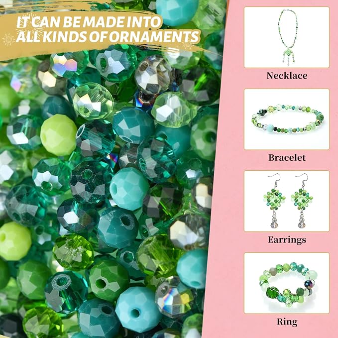 Briolette Crystal Glass Beads for Jewelry Making,1000pcs 4/6/8mm Faceted Rondelle Green Beads Assorted Round Shaped Spacer Bead for DIY Crafts Bracelets