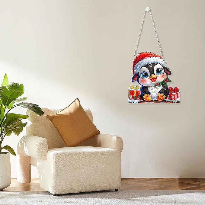 MOGTAA Christmas Diamond Art Hanging Kits for Adults Kids, Penguin Diamond Art Suncatchers, 5D Special Shape Winter Diamond Painting Window Pendant Kit for Home Garden Wall Decor