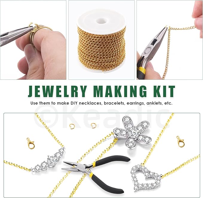 Keadic 102Pcs 30 Feet Jewelry Making Chains Kit W 3mm Metal Necklace Twisted Links Chain, Lobster Clasps, Open Jump Rings and Jewelry Pliers for Bracelet Earring Anklet DIY (Gold)