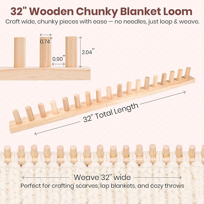 Solid Wood Chunky Blanket Loom for Chunky Yarn to Knit without Needles - Foldable Chunky Yarn Loom for Blankets & Scarves - Available in 32"/48"/72" - with Storage Bag, Stress Relief DIY Gift