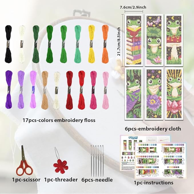 ORIGACH 6 Set Frog Cross Stitch Bookmark Kit for Beginner with Backing Felt Floss Instructions DIY Stamped Embroidery Bookmark Kit for Adults, Book Lovers