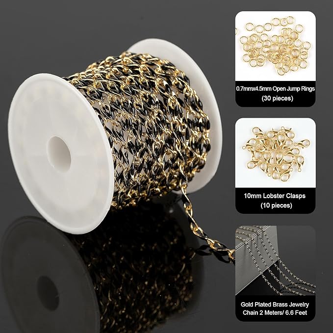 Black Oil Drip Chain for Jewelry Making, Gold Plated Brass Cable Link Chain Spool with Jump Rings and Lobster Clasps Jewelry Findings