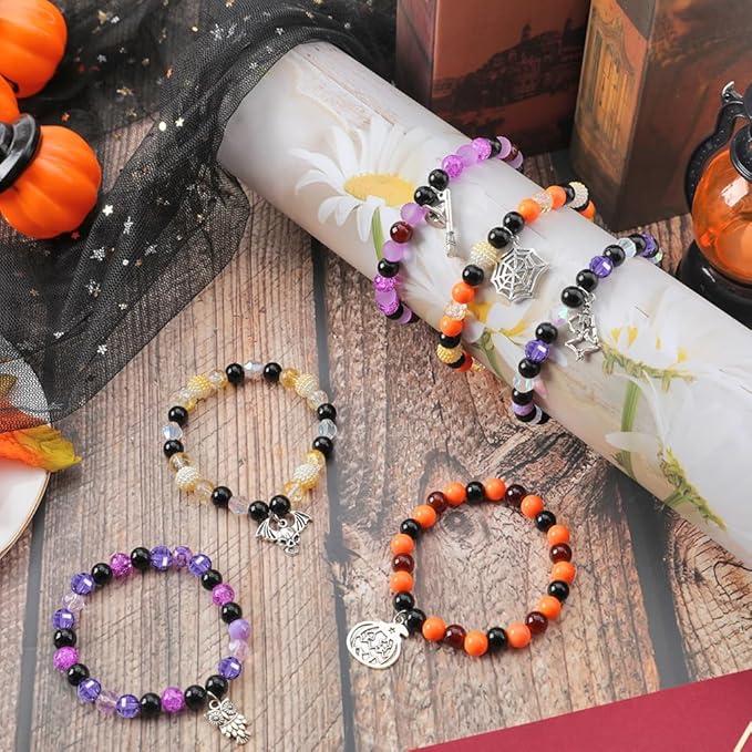 SUNNYCLUE 1 Box 6Pcs Halloween Bracelet Making Kit Tibetan Style Spider Charms Witch Hat Charm Pumpkin Skull Charms Black Purple Orange Round Glass Beads for Jewelry Making Kits Beading Supplies
