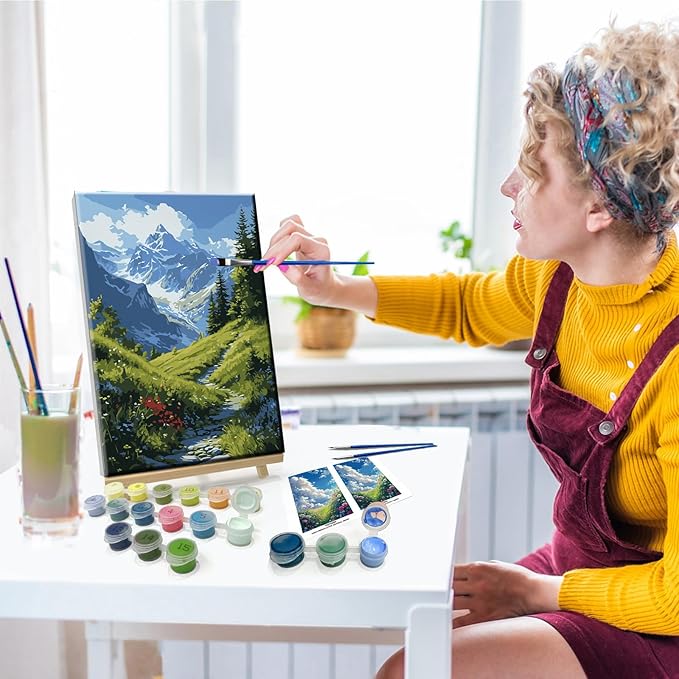 JOOZ Landscape Paint by Numbers for Adults Beginner with Easel Mountain Paint by Number Kits on Canvas with Frame DIY Abstract Tree Oil Painting for Gift Home Wall Decor 7.87x11.81 Inch