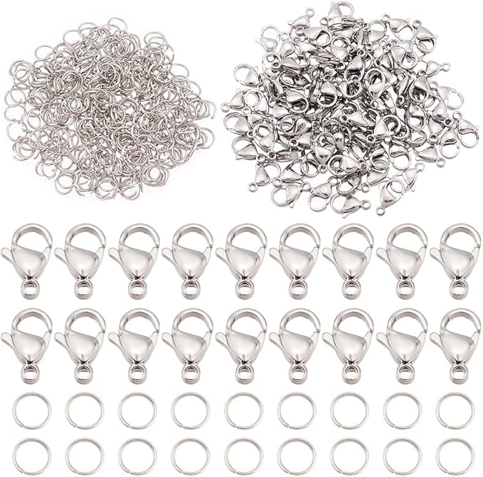 PH PandaHall 100pcs 304 Stainless Steel Lobster Claw Clasps, Metal Lobster Clasps for Jewelry Making with 300pcs 5mm Open Jump Rings Necklace Clasps and Closures for DIY Bracelet Earrings Crafts