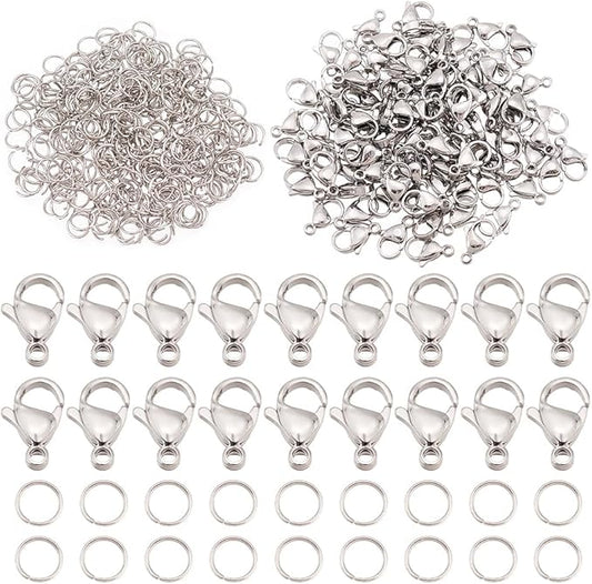 PH PandaHall 100pcs 304 Stainless Steel Lobster Claw Clasps, Metal Lobster Clasps for Jewelry Making with 300pcs 5mm Open Jump Rings Necklace Clasps and Closures for DIY Bracelet Earrings Crafts