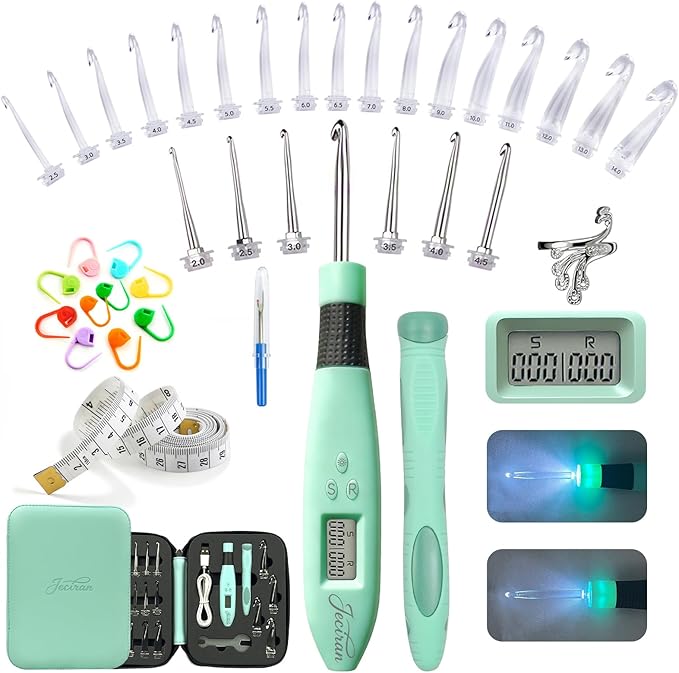 Jeciran 24 in 1 Light Up Crochet Hook Set,Lighted Crochet Hooks with Counter,Counting Crochet Hook for Stitch & Row Counter Micro Crochet Gifts with Case