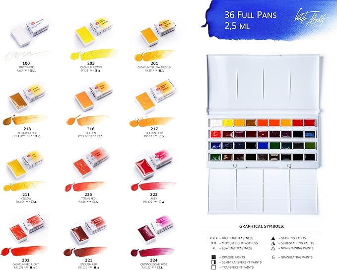 White Nights Professional Watercolor Set 36 Full Pans of Extra Fine Artist Grade Pigments, Vibrant Lightfast Colors in Durable Plastic Box by Nevskaya Palitra
