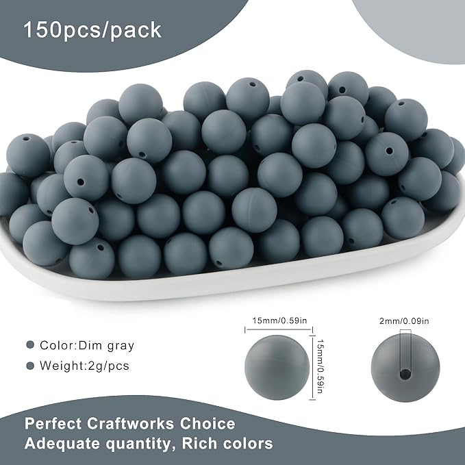 150Pcs 15mm Silicone Beads for Keychain Making Bracelet Necklace, Bulk Round Silicone Beads for Pens（Dim Gray）