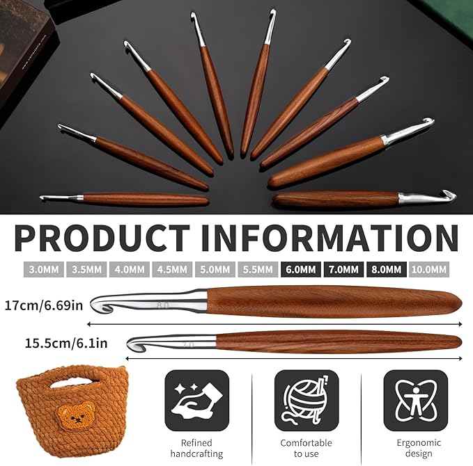 Lunarm Crochet Hooks Set, 3 Pack Ergonomic Aluminum Crochet Hooks with Wood Handle in Size 6mm 7mm 8mm for Arthritic Hands DIY Craft Knitting Dolls, Bouquets, Blankets, Hats, Gloves from Various Yarns