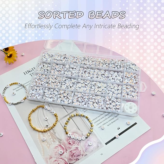 1400pcs Rose Gold Letter Beads 4x7mm White Round Acrylic Alphabet A-Z Heart Pattern Beads and Crystal Line for Jewelry Making Bracelets Necklaces Key Chains