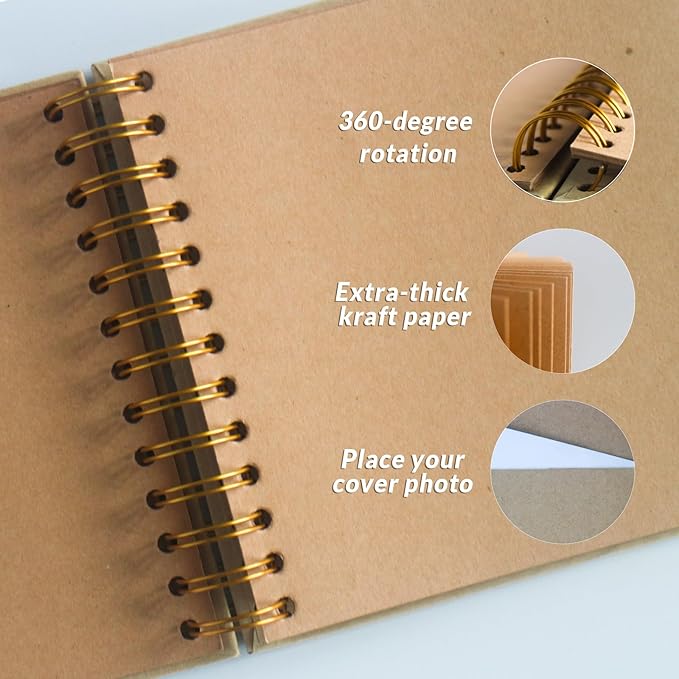 7×7 Inch Scrapbook Photo Album 40 Pages, Hardcover Kraft Paper with Window Memory Book for Wedding Travel Anniversary Baby Scrapbook Kit Flower & Letters & Corner Stickers Drawing Stencils