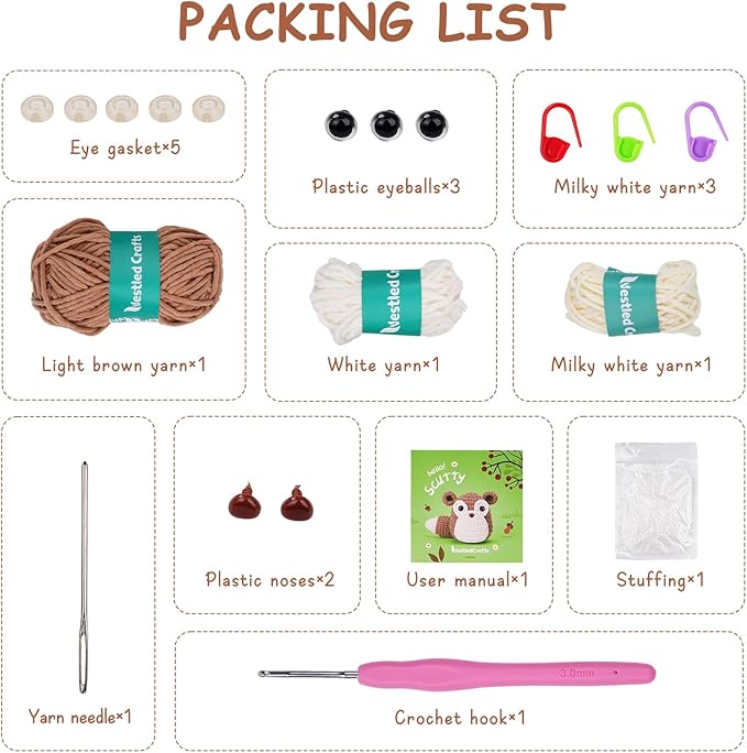 Vanttokeey Crochet Kit for Beginners, Animal Amigurumi Crochet Kits Included, Step-by-Step Video Tutorials, Beginner Crochet Kit for Adults and Kids, Crocheting Starter Set (Squirrel)