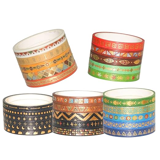 YUBBAEX 26 Rolls Indian Washi Tape Set, 5MM Wide Folk Totem Foil Gold Thin Decorative Masking Washi Tapes for Journal,Scrapbook, Planner, DIY Crafts