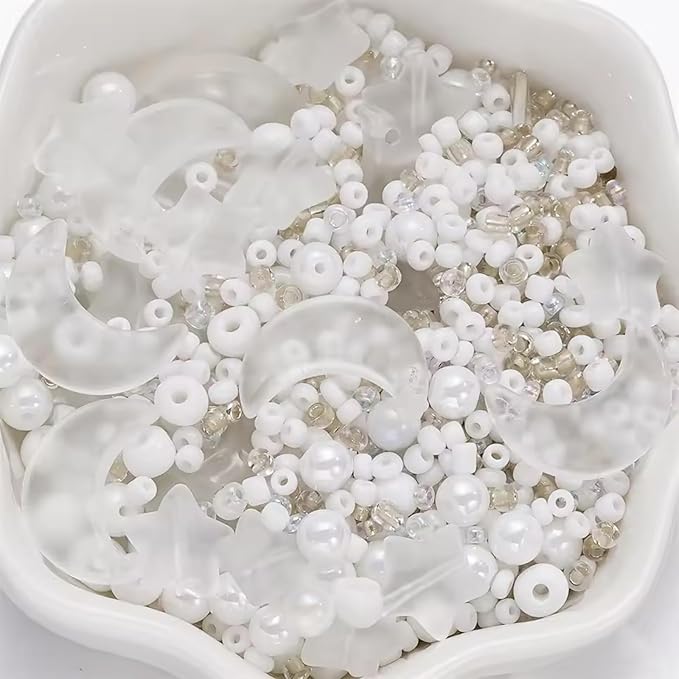 Mixed Star Moon Crystal Glass Beads Seedbeads Loose Round Pearl Beads for Jewelry Making Craft Bracelets Necklaces Earrings DIY Crafts Projects White Glass Spacer Bead Kits for Crafts