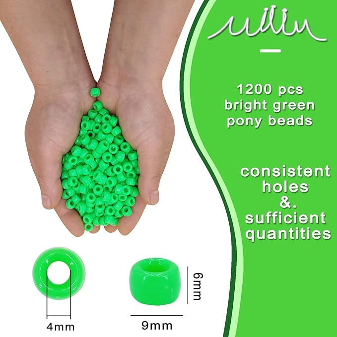 MIIIM 1200PCS 6x9mm Green Pony Beads Bulk, Kandi Beads for Bracelets Making Kit, Hair Braids Crafts for Jewelry Making (Bright Green)
