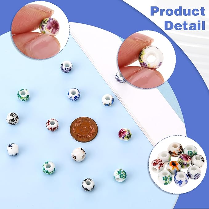 Ceramic Beads, 100 Pcs Round Porcelain Beads 8 mm Multicolor Flower Printed Spacer Beads Handmade Porcelain Craft Beading Kit for Jewelry Making Supplies DIY Crafts Bracelets Necklace